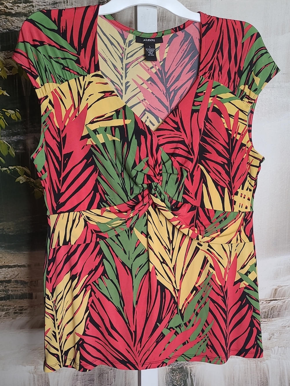 Alfani Womens Large Vibrant Tropical Leaf Print Front Twist Sleeveless Blouse